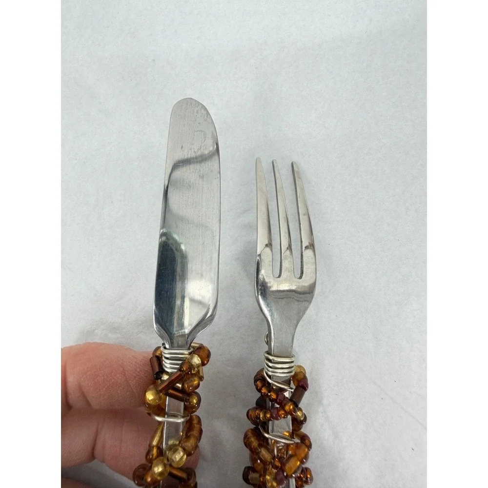 Wire Wrapped Beaded Fork & Knife Appetizer Flatware Set Elegant Tableware Decor